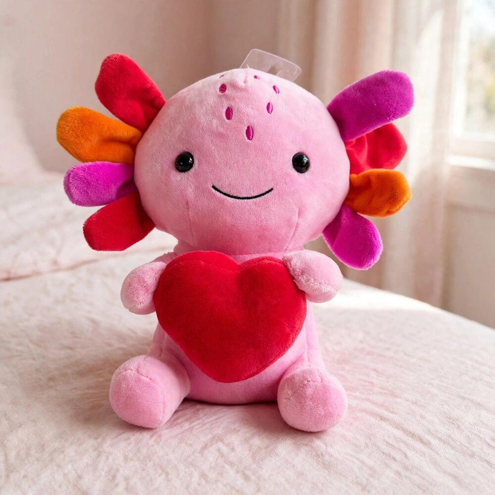 Hallmark Pink Axolotl Plush Red Heart Valentines Kawaii Stuffed Animal Gift